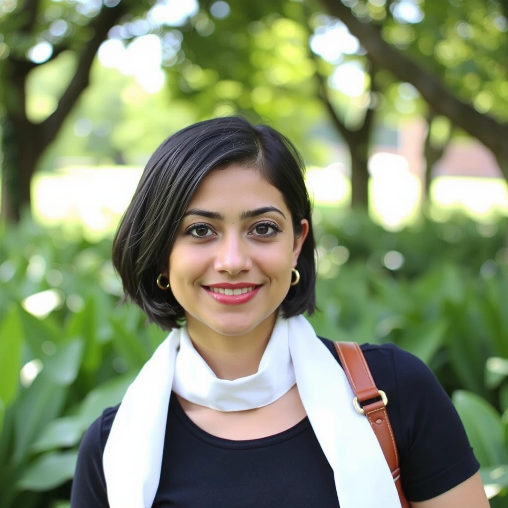 Portrait of Anya Sharma, a friendly and passionate sustainability officer, with a bright smile. She is outdoors in a vibrant, green natural environment, symbolizing her commitment to eco-friendly practices.