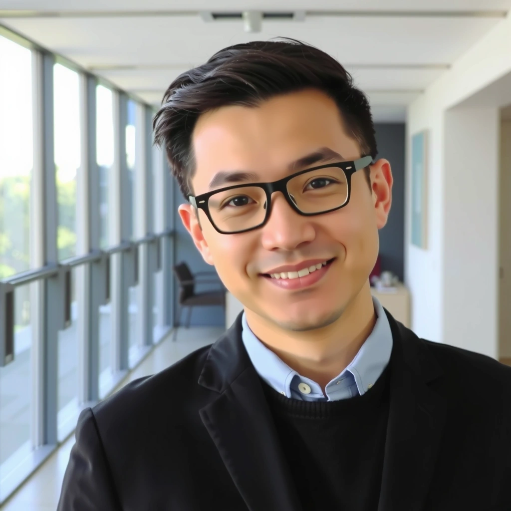 Portrait of David Chen, a visionary CEO and founder, with a confident and inspiring gaze. He is in a modern, light-filled office, reflecting leadership and innovation.