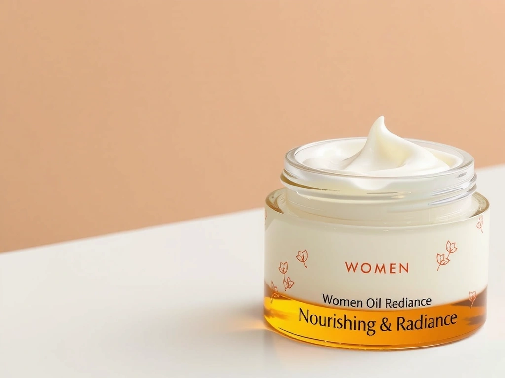 A jar of 'Nourishing & Radiance' oil cream for women, with an elegant rose-gold label and subtle floral illustrations. The cream has a luxurious, smooth texture.