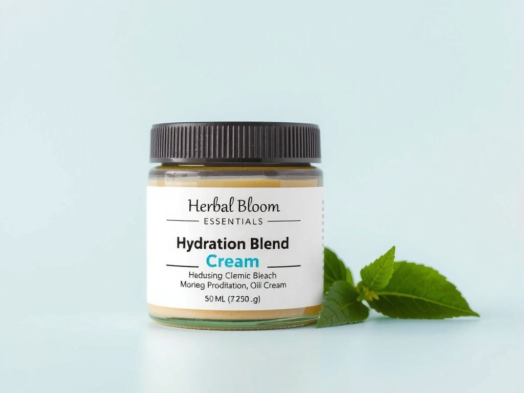 A jar of 'Hydration Blend Cream' for women, featuring a soft blue and white label with water droplet graphics, symbolizing deep moisture. The jar is open, revealing a rich, creamy texture.