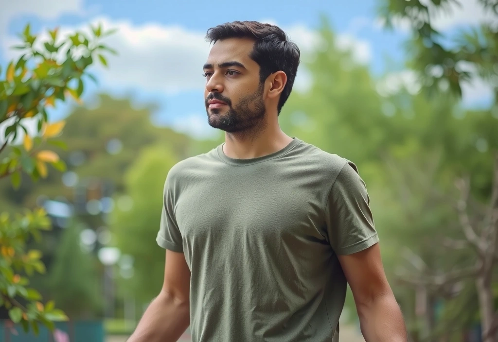 A serene image of a man meditating or relaxing in nature, surrounded by a subtle glow, with abstract representations of calm, focus, and energy. No text, letters, or inscriptions.