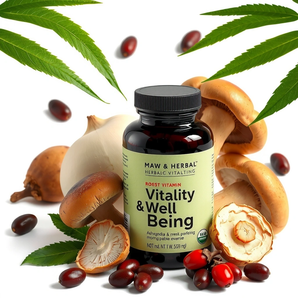 A bottle of 'Vitality & Well-being' men's herbal vitamins, depicted with an aura of holistic health, surrounded by ingredients like ashwagandha roots, reishi mushrooms, and saw palmetto berries, symbolizing overall men's health and vitality. No text on the bottle or image.