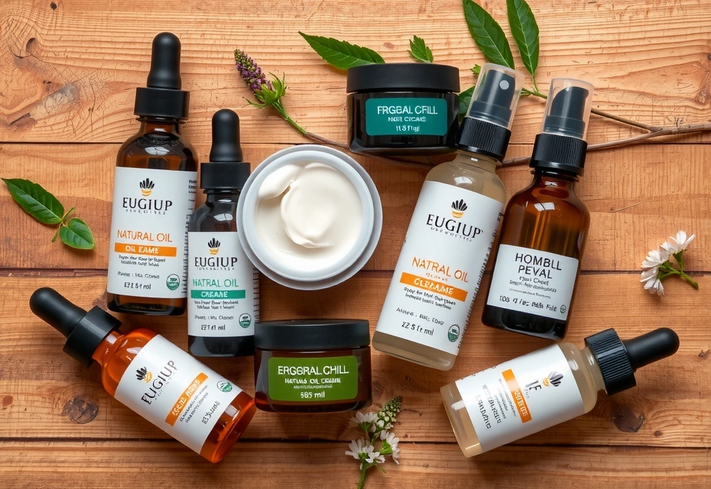 Arrangement of various herbal oil creams on a wooden surface with botanical elements