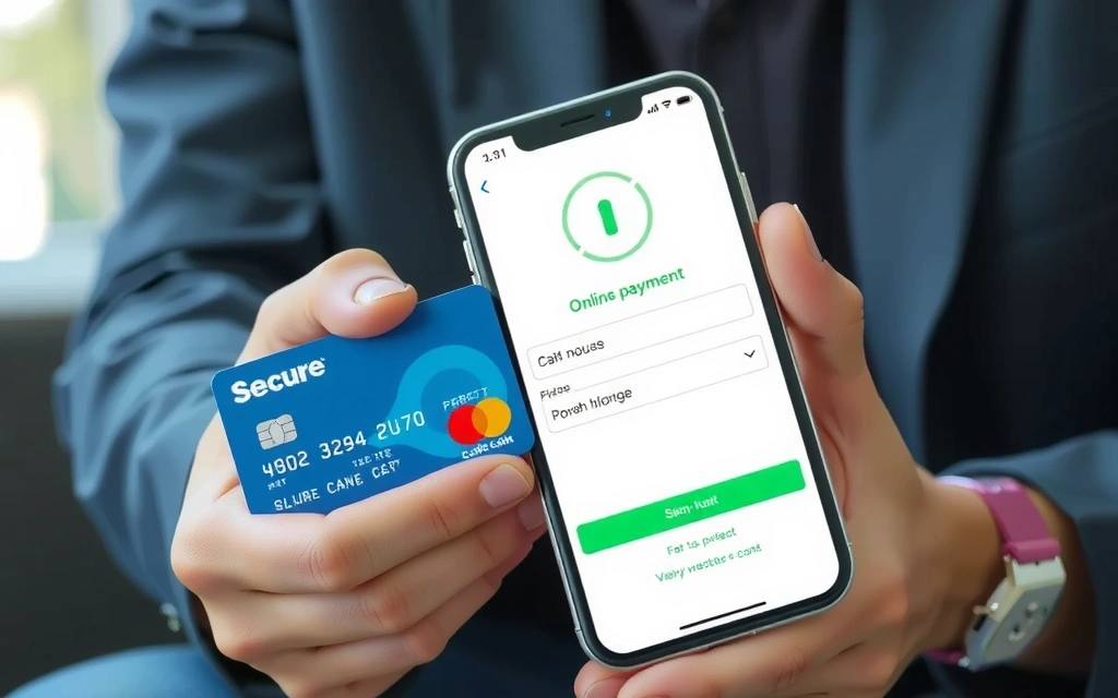 A person's hands holding a credit card and a smartphone, depicting online payment security.