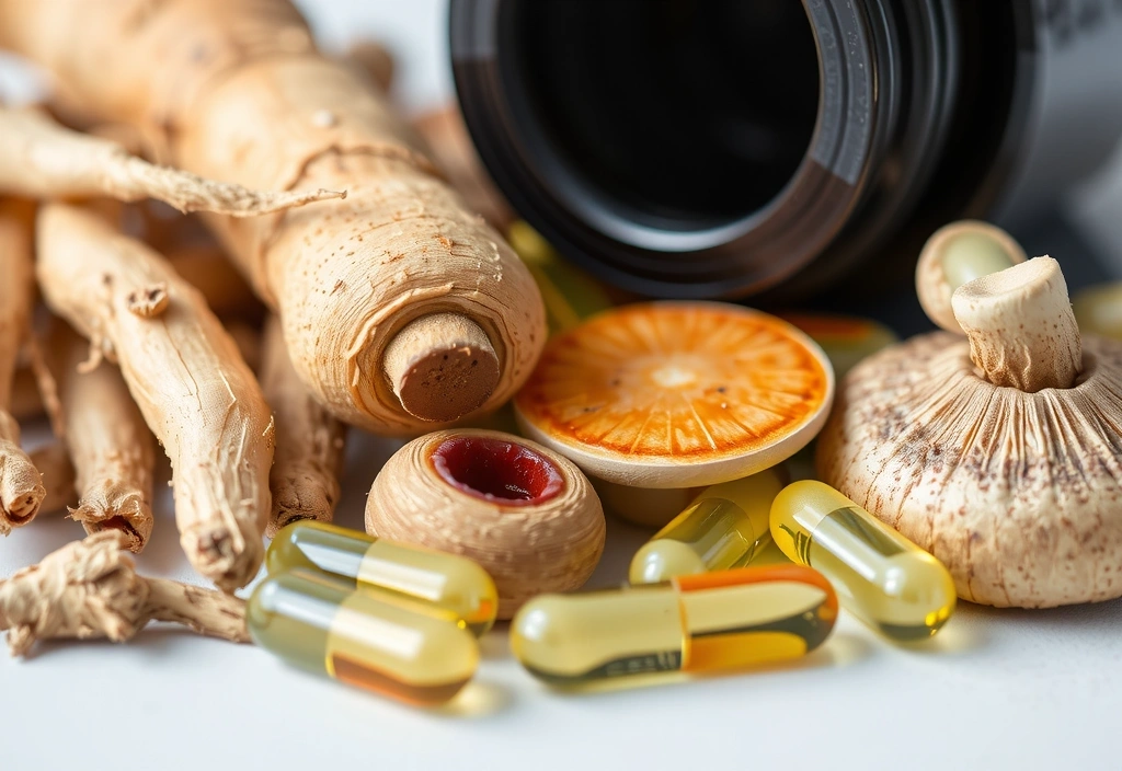 Close-up of herbal ingredients like ashwagandha roots and ginseng next to vitamin capsules