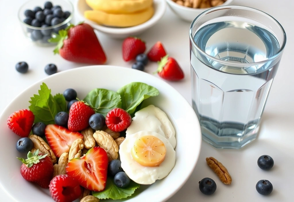 Healthy breakfast with superfoods and a glass of water, representing daily vitality