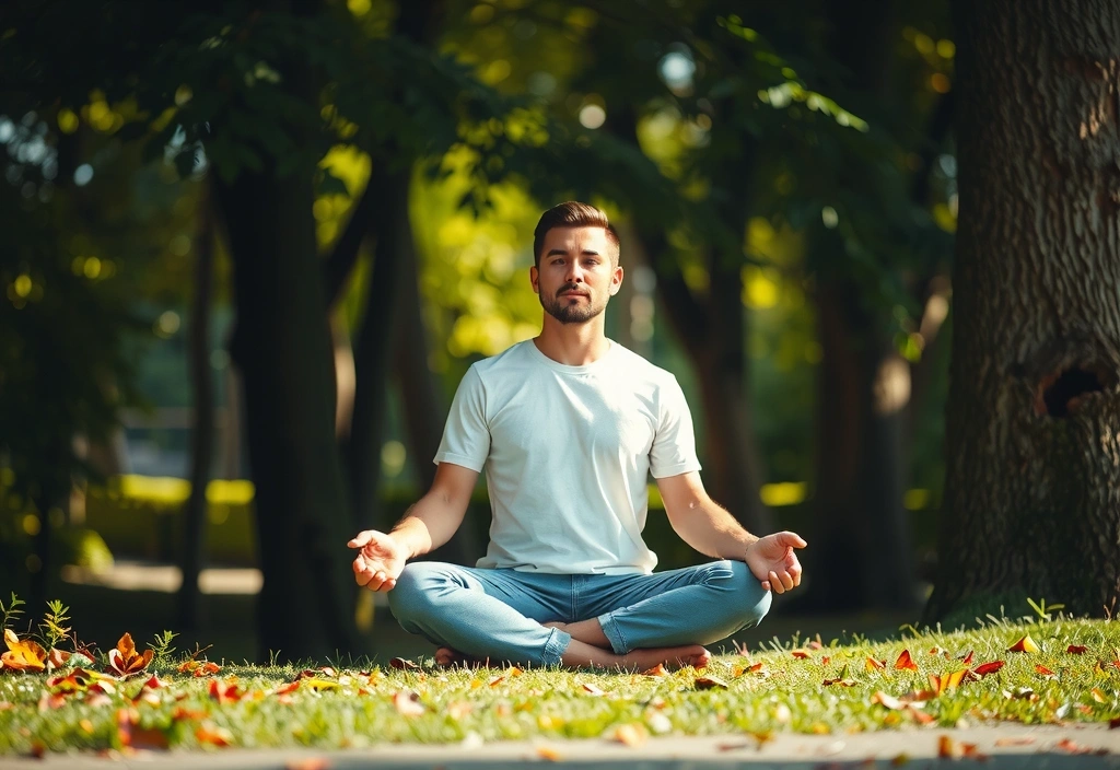 Man meditating peacefully in a natural setting, symbolizing well-being