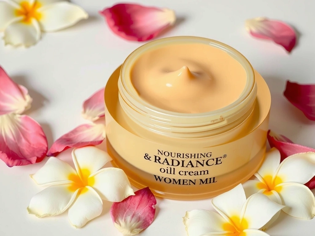 A jar of Nourishing & Radiance cream, with a golden glow and botanical extracts, suggesting luxurious and brightening effects.