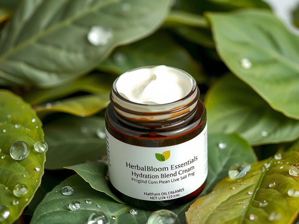 A jar of Hydration Blend Cream surrounded by dewy leaves and water droplets, emphasizing freshness and moisture.